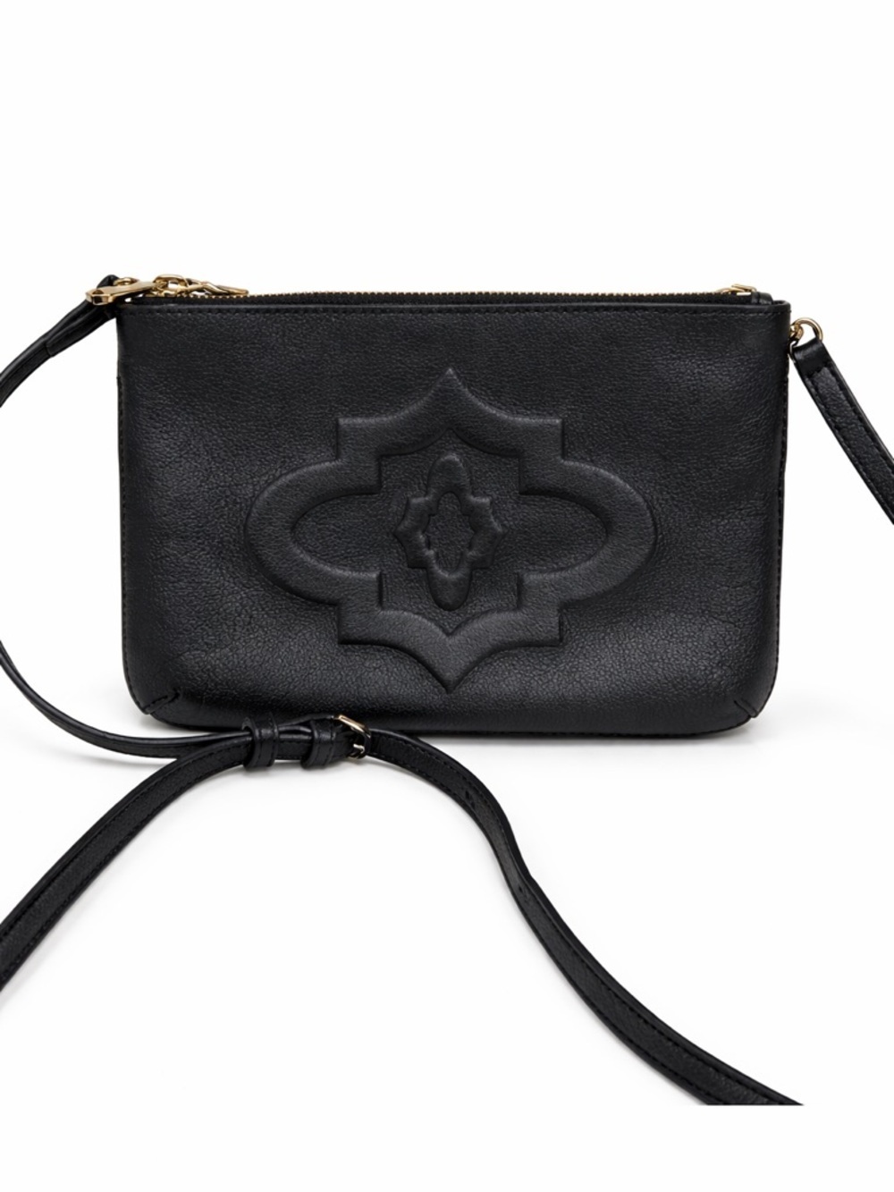 Oryany Black Leather Crossbody Clutch Double Zip Embossed Logo Slim Bag